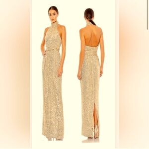 MAC DUGGAL SEQUINED HALTER NECK BELTED SOFT TIE DRESS CHAMPAGNE (GOLD) SZ 8 NWT
